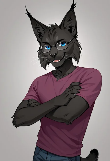 Large shoulders, Furry, blue eyes, purple shirt, Smiling, black claws, furry, anthro, red clothes, feline, long tail, thin body, glasses, Black Fur, black nose, 1boy, solo, male, Lynx, feline musel, score_9, score_8, score_7_up, tail, fluffy tail, black fur, fully black fur, black skin, thin body