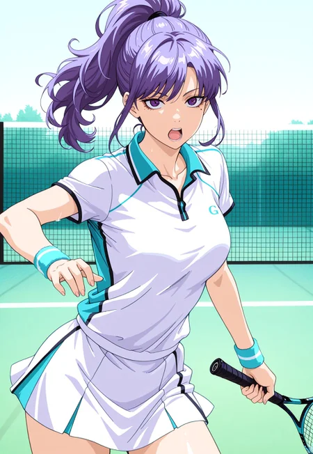 masterpiece, very aesthetic, absurdres, G1NT4M4-KNX, 1girl, solo, racket, sportswear, tennis racket, tennis uniform, ponytail, purple hair, open mouth, mole under eye, mole, long hair, wristband, purple eyes