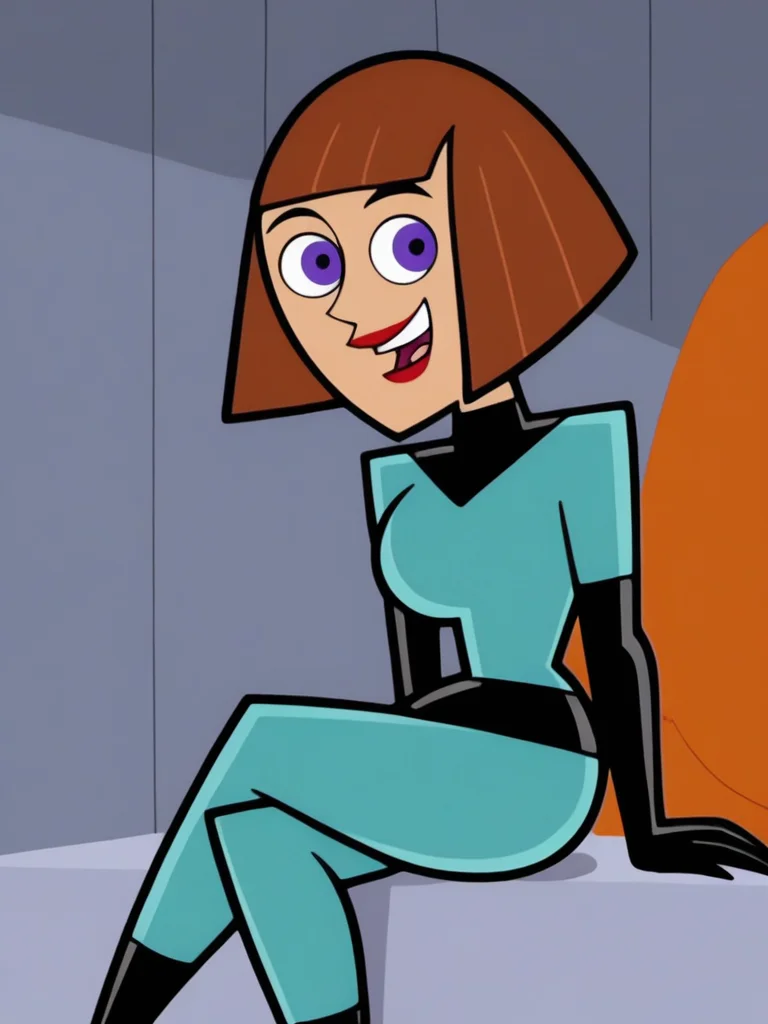 m_fenton, 1girl, solo, smile, auburn hair, bob cut, blue rubber jumpsuit, short hair, lipstick, purple eyes, makeup, smile, sitting, blunt bangs, black gloves, bangs, open mouth, breasts, stylized artstyle, cartoon, <lora:Maddie_Fenton_Danny_Phantom_LoRA_Pony:0.95>