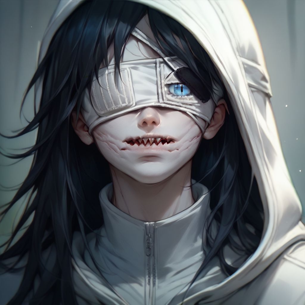 score_9, score_8_up, score_7_up, score_6_up, score_5_up, score_4_up, (pale white skin, eyebags, blue eyes, long black hair, slit mouth, white hoodie) soft colors, portrait , Jeff the killer