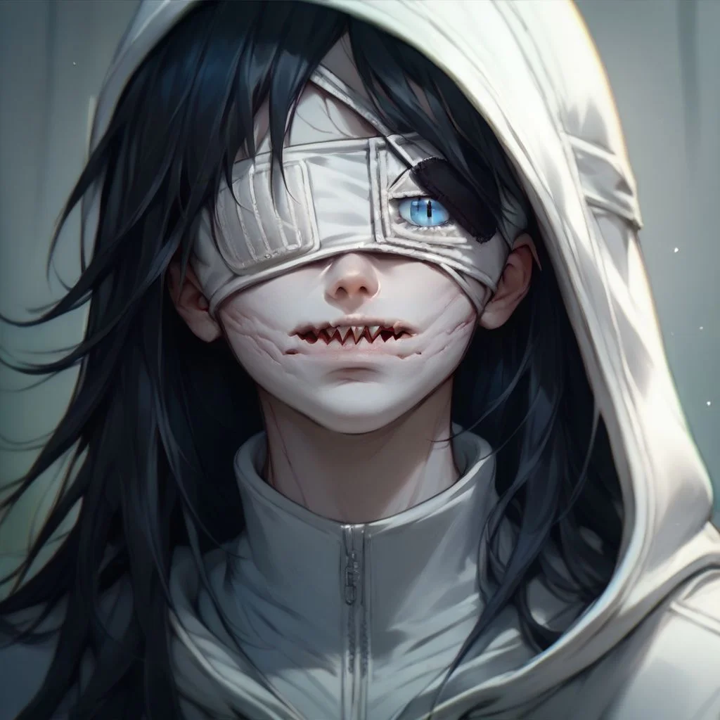 score_9, score_8_up, score_7_up, score_6_up, score_5_up, score_4_up, (pale white skin, eyebags, blue eyes, long black hair, slit mouth, white hoodie) soft colors, portrait , Jeff the killer