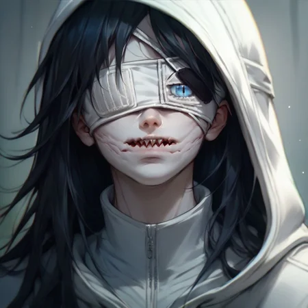 score_9, score_8_up, score_7_up, score_6_up, score_5_up, score_4_up, (pale white skin, eyebags, blue eyes, long black hair, slit mouth, white hoodie) soft colors, portrait , Jeff the killer