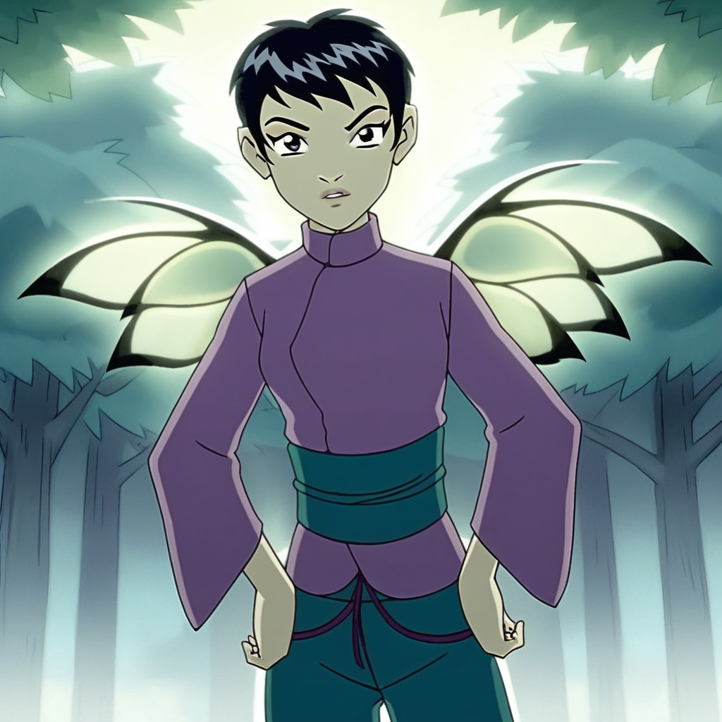 score_9, solo, yanlin_y, black hair, short hair, long sleeves, japanese clothes, wings, pants, hands on hips, tree, natural lighting, looking at viewer