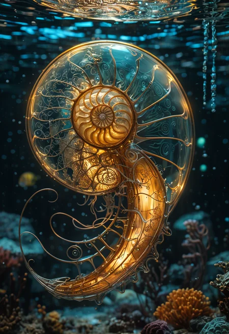 A photo of Eldritch Nautilus with californium and ambre floating underwater at night, wireframe, transparency, glass, intricate light, intricate artwork masterpiece, golden ratio, trending on artstation, highly detailed.
Art by John Chamberlain.