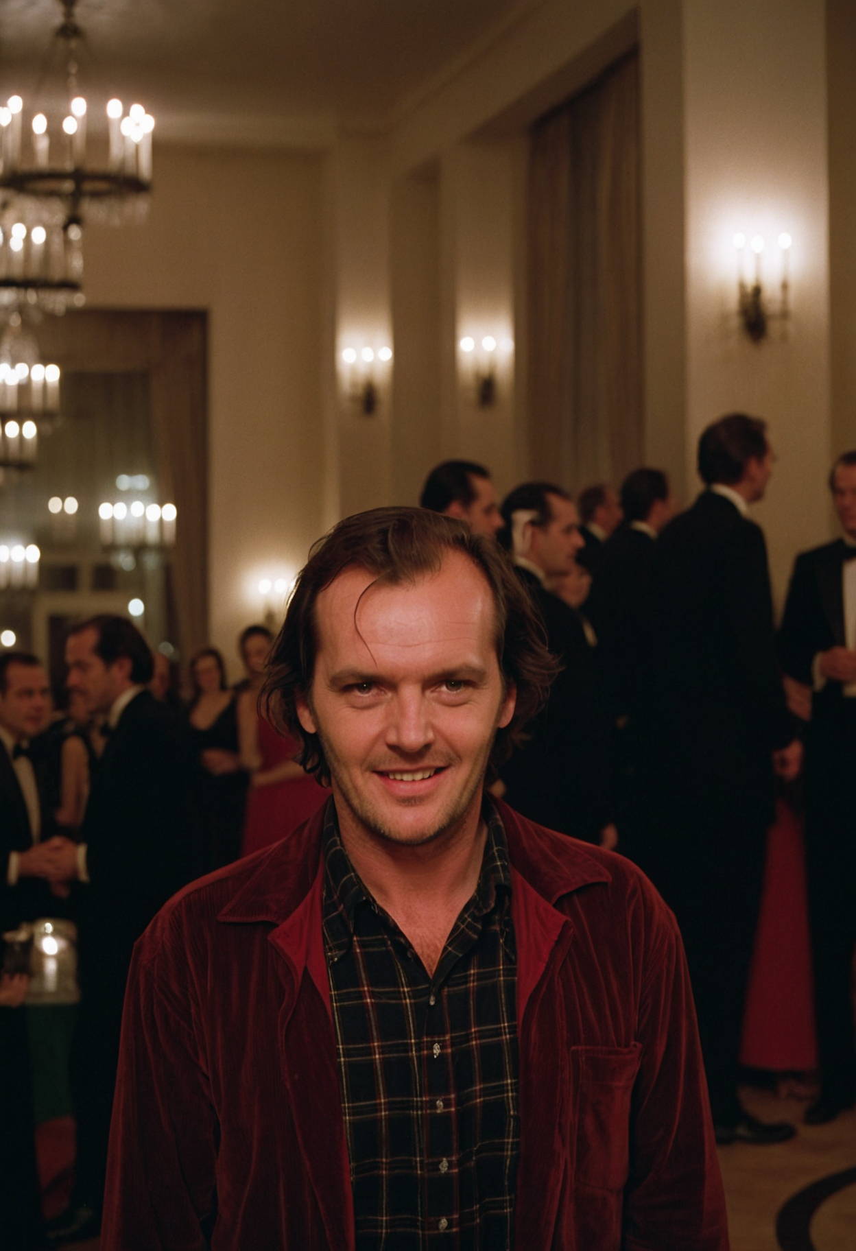 Shin1ng, Jack Torrance, man, ballroom, party, people, Overlook Hotel, indoors, (stylish grainy 35mm analog film photo)