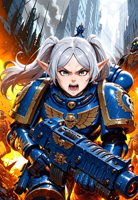 Masterpiece, best quality, absurdres, newest, highly detailed, 8k, 1girl, sgrey hair, long hair, green eyes, twintails, parted bangs, earrings, pointy ears, solo, UltraM40k, Ultramarine armor, shooting heavy bolter, yelling, battlefield background, detailed background, bltgun bolter weapon