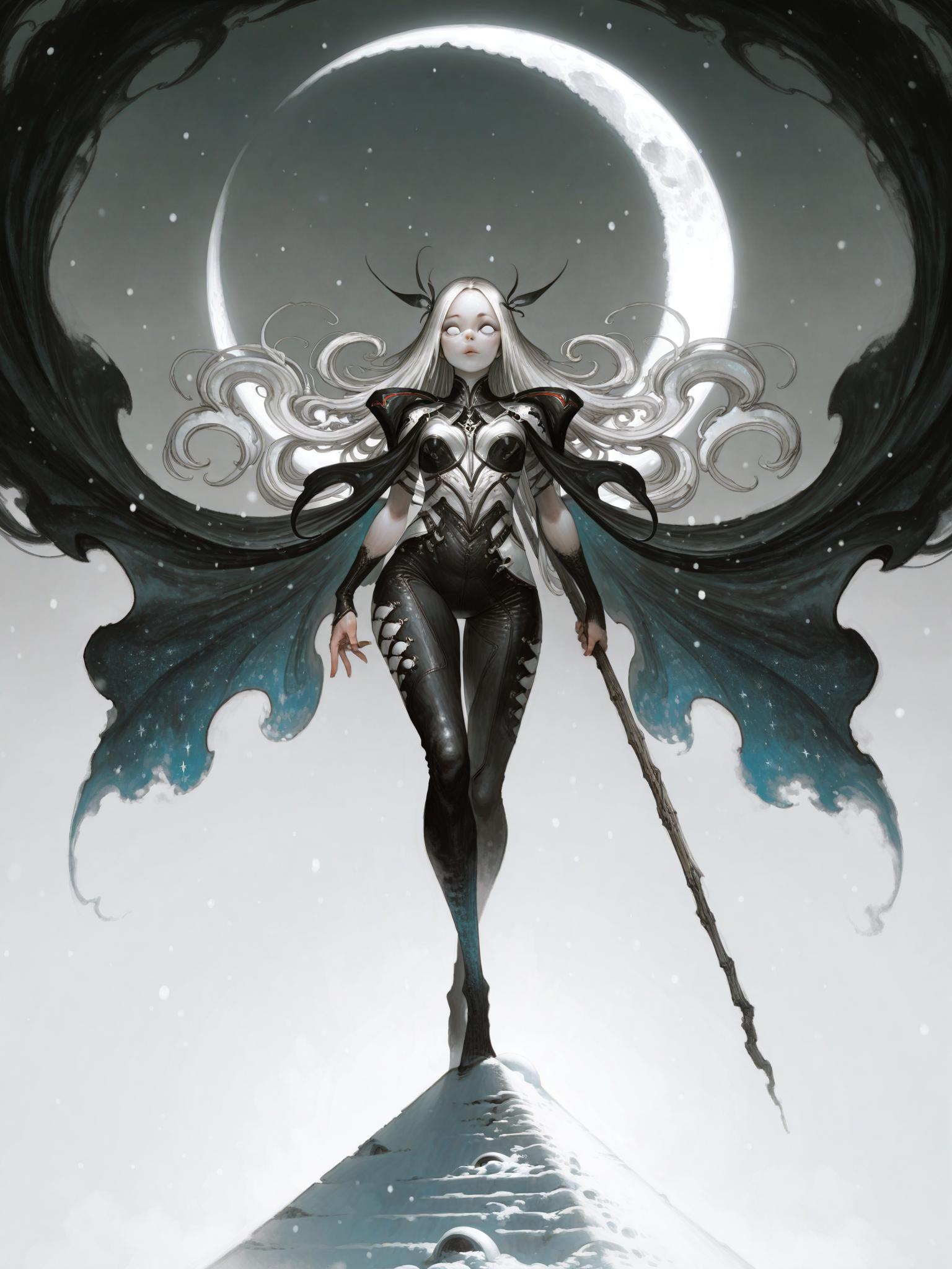 masterpiece, best quality, amazing quality, 1girl, solo, whimsical shapes, a drawing featuring a pale girl with curly white hair, standing on a snow-covered mound. She wears a dark, flowing cloak and holds a wood staff with a dangling glowing star at the tip. upper body, Beside her sits a vibrant red fox, both looking towards a softly falling snow. The background is ethereal, with a twilight sky featuring faint stars and a crescent moon, giving the scene an enchanted, dreamlike atmosphere, white eyes, no pupils,dynamic pose, foreshortening, extreme perspective,tahra
