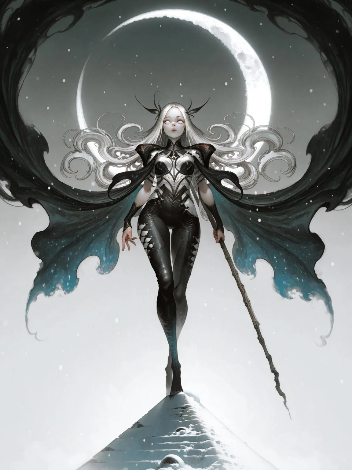 masterpiece, best quality, amazing quality, 1girl, solo, whimsical shapes, a drawing featuring a pale girl with curly white hair, standing on a snow-covered mound. She wears a dark, flowing cloak and holds a wood staff with a dangling glowing star at the tip. upper body, Beside her sits a vibrant red fox, both looking towards a softly falling snow. The background is ethereal, with a twilight sky featuring faint stars and a crescent moon, giving the scene an enchanted, dreamlike atmosphere, white eyes, no pupils,dynamic pose, foreshortening, extreme perspective,tahra