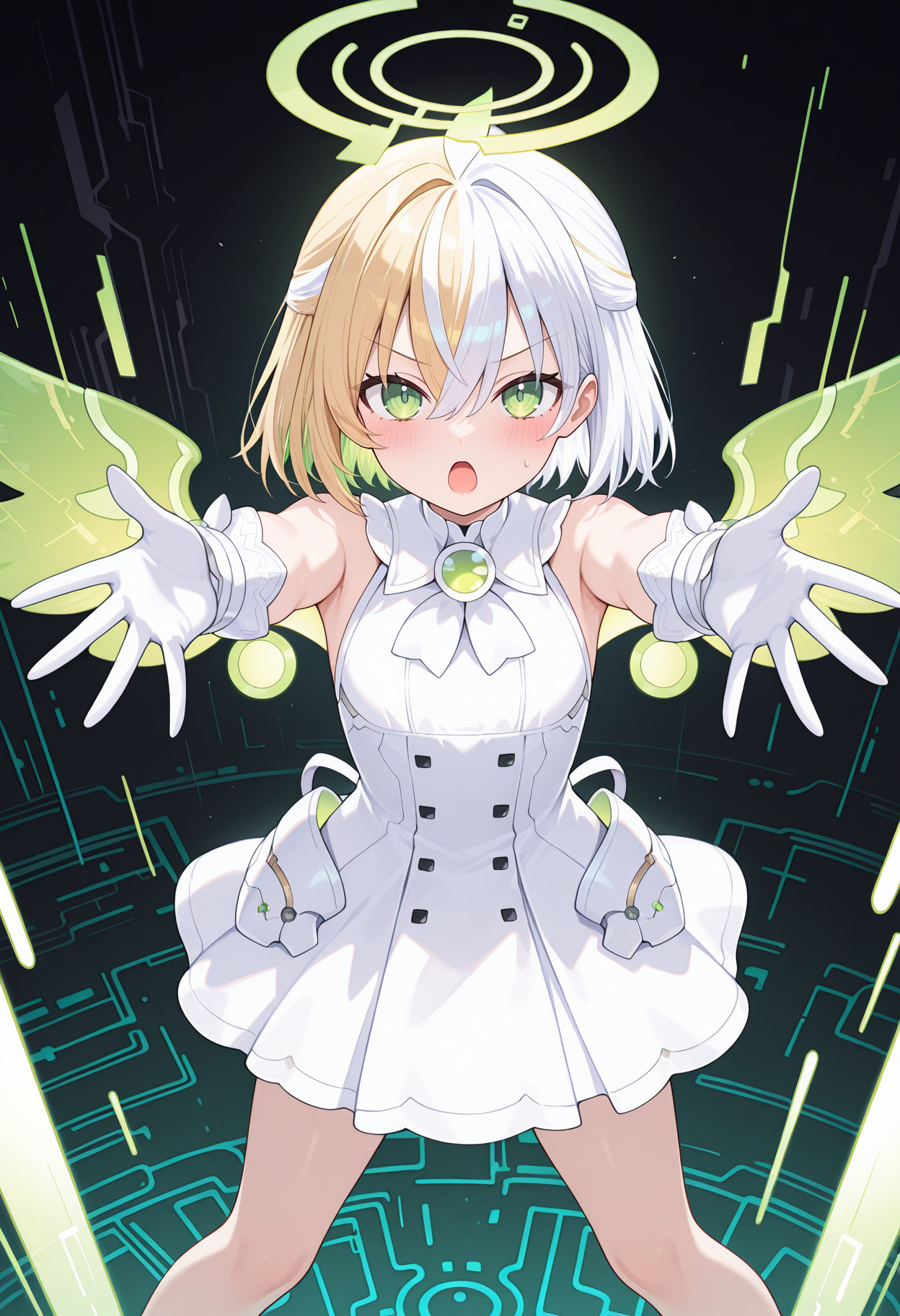 highres, best quality, masterpiece, circuit board, 
1girl, solo
npipcpu, two-tone hair, hair between eyes, blonde hair, white hair, green eyes, white dress, halo, white ribbon, sleeveless dress, white gloves, green wings,
looking at viewer, blush,
v-shaped eyebrows, 
outstretched arms, open hand, standing, legs apart, motion lines, open mouth, 
<lora:_pippih_nep-elesico-ilxl-000012:1>