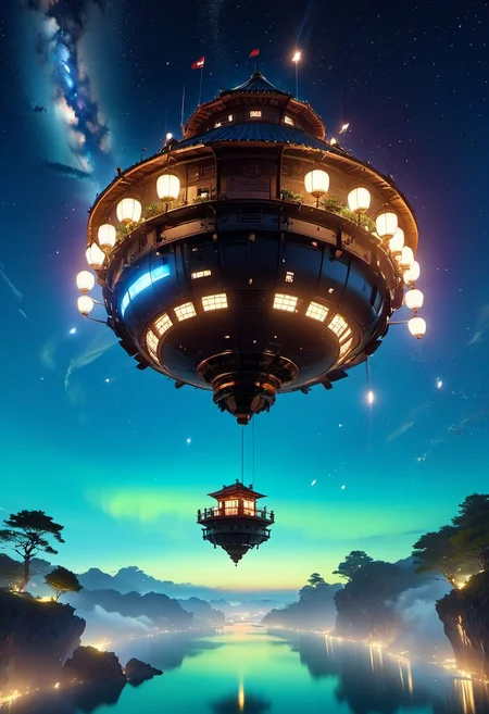 WLOP art style, Ghibli style, outdoors, The island floating in the air, robot metal mechanical machinery, Turn mechanical gears, human, bulding night, meteor star aurora , (low light), top-down view, firefly -ar 9:16, high saturation, high contract