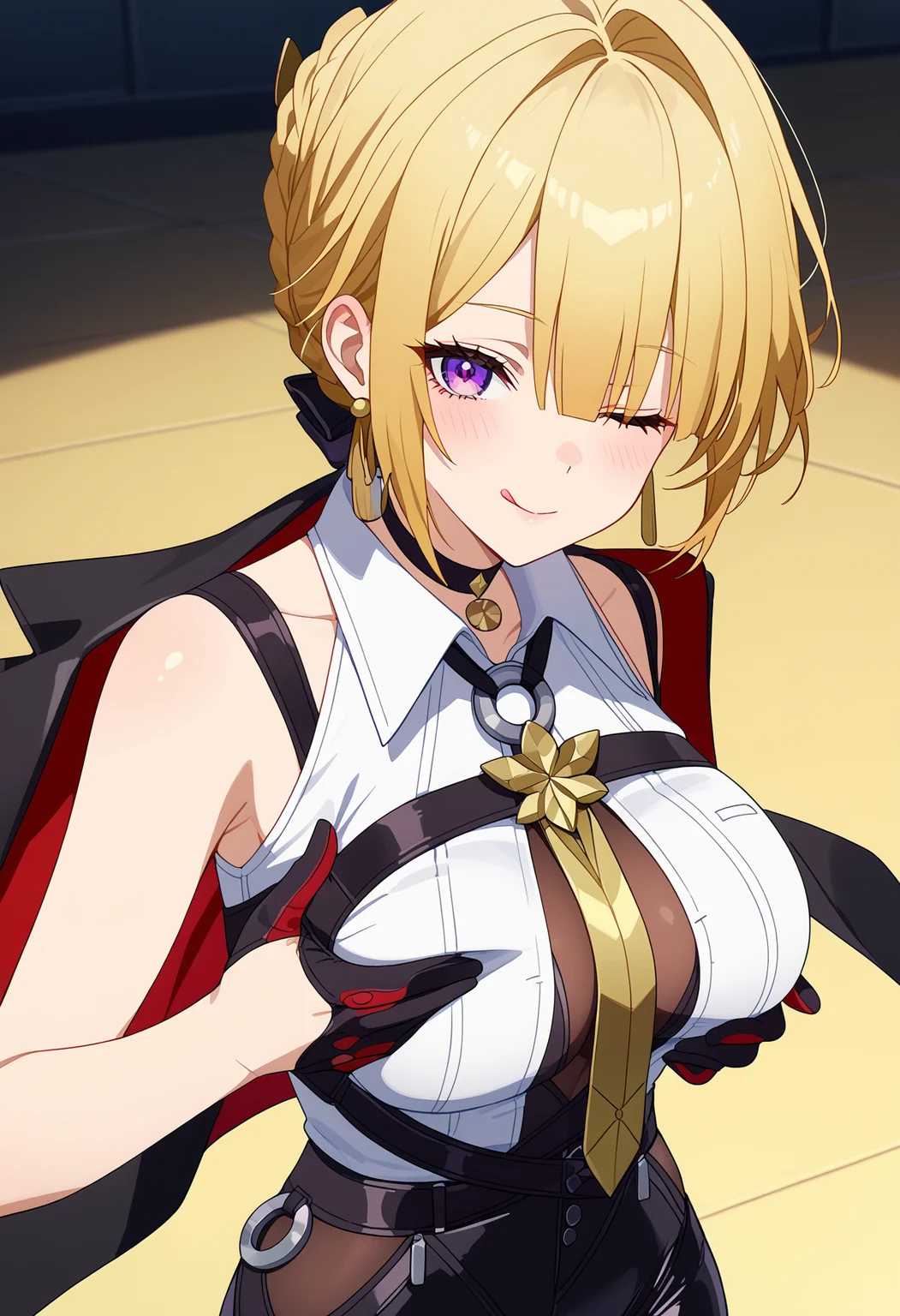 score_9, score_8_up, score_7_up, source_anime,
BREAK
1girl, solo,
<lora:shiEvelynV1:1>
shievezzzstyle,
purple eyes, short hair, blonde hair, braid, sidelocks, hair bun, hair over one eye,
large breasts, chest harness, jewelry, earrings, black choker, necktie, black gloves,
white shirt, collared shirt, sleeveless shirt, leather jacket, jacket on shoulders,
black pants, leather pants, tight pants,
looking at viewer, seductive smile, blush, head tilt, shiny skin, skindentation, one eye closed, grabbing own breast, tongue out, evil smile,