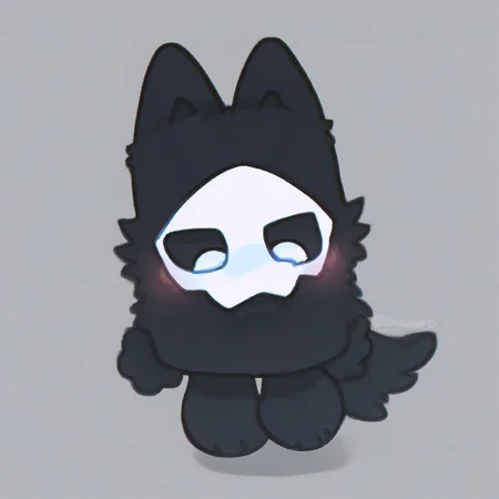 score_9, score_8_up, puro, black latex, furry, changed, white eyes, white mask, black fur, 1boy, solo, conswayo_, cute style, cute, 2d, simple background, (blush)