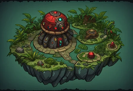 1 island, green to lime color,  jungle, many leafs,  lakes, swamp, (rocky stone ruins:0.8), overgrown wide, plain darkgray to gray background, mecha rusty parts, (((thick outlines:2.2))), (magic gemstone glowing red:1.2)