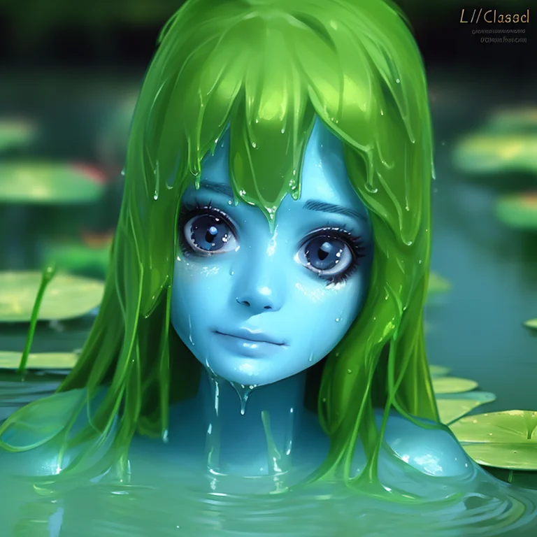 slime_girl, wetland, lily_pad, (outdoors:0.5), (1girl:1.5), (close-up:0.7), wet_hair, blue_skin, (photofied:0.9)