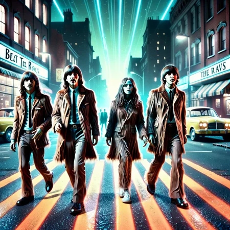 lazypos, 
A cinematic reimagining of The Beatles' iconic "Abbey Road" album cover, set at night in a neon-lit, space-punk metropolis. The four figures, recognizably modeled after the Beatles, are grotesque, lumbering zombies with decayed skin, exposed bones, and long, straggly hair made of w00kiee fur. They wear tattered, torn versions of their 1960s clothing, shambling in perfect unison across a futuristic reinterpretation of the Abbey Road crosswalk, illuminated by glowing LED strips and flickering neon panels embedded in the pavement. The warm, vintage glow of antique-style streetlamps contrasts with the cold neon colors, casting soft radiosity across the scene.
The environment features towering, tech-cluttered buildings with holographic signs, subtle mist, and scattered debris, emphasizing the space-punk dystopia. The camera is positioned at a low angle, capturing the full bodies of the subjects as they move from left to right in classic Abbey Road formation, preserving their iconic poses and spacing. Volumetric lighting and ambient occlusion enhance depth, while the use of Octane Render and vanishing point perspective adds a rich, photorealistic feel reminiscent of a vintage film camera. The color palette merges Beatles-era nostalgia, sepia tones, muted blues, with vivid, high-contrast futuristic accents. entire body in frame. Ambient occlusion, Octane Render, vanishing point, volumetric light, nighttime