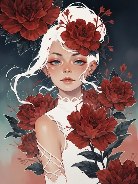 score_9, score_8_up, score_7_up, score_6_up, <lora:n3gsp4c3XLP:0.8> n3gsp4c3, white hair, solo, 1girl, red flower,
