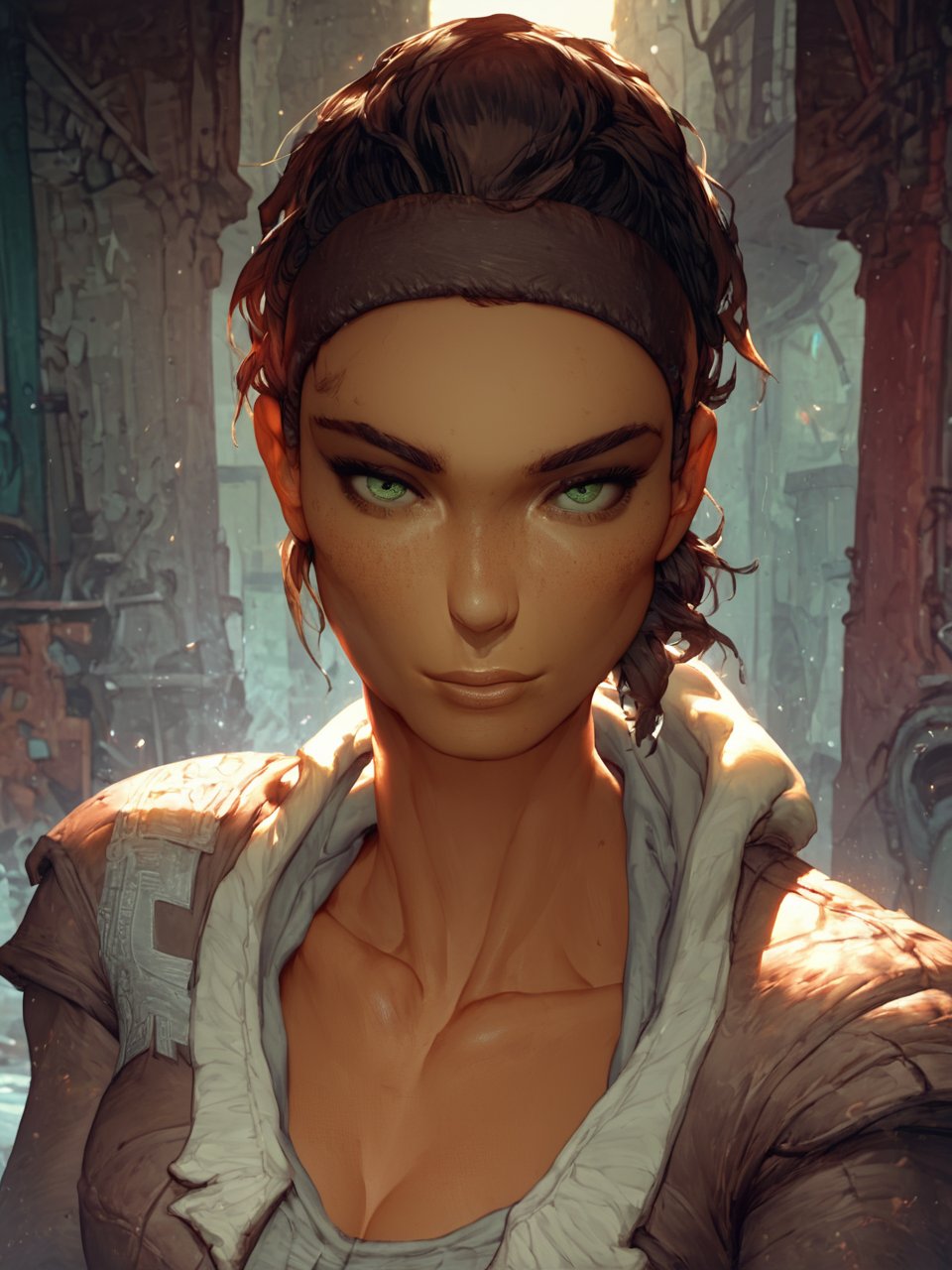 score_9, score_8_up, score_7_up,
beautiful athletic alyx_vance, cheekbones, looking at viewer, portrait, dark skin, collarbones, upper body, 
<lora:cutesexyronutts_style_xl:0.8> <lora:Fant5yP0ny:0.8>  <lora:Alyx:0.8>