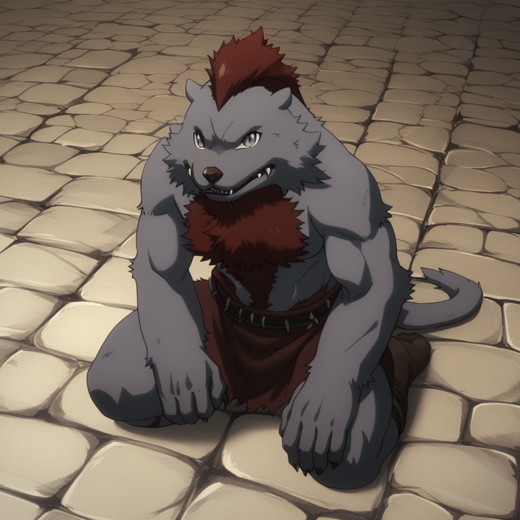 quagoa, anthro, furry, fur, male, solo, sharp teeth, teeth, no humans, furry, 1boy, fangs, furry male, (yozu, red fur, grey fur), grey eyes, stone floor, looking away, 5 fingers, masterpiece, ultra detailed, high quality, score_9, score_8_up, score_7_up, score_6_up