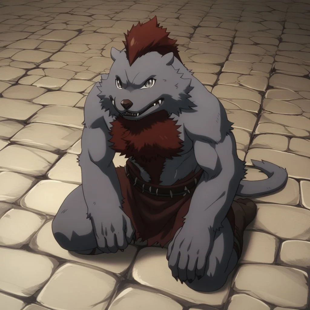 quagoa, anthro, furry, fur, male, solo, sharp teeth, teeth, no humans, furry, 1boy, fangs, furry male, (yozu, red fur, grey fur), grey eyes, stone floor, looking away, 5 fingers, masterpiece, ultra detailed, high quality, score_9, score_8_up, score_7_up, score_6_up