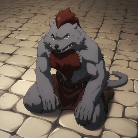 quagoa, anthro, furry, fur, male, solo, sharp teeth, teeth, no humans, furry, 1boy, fangs, furry male, (yozu, red fur, grey fur), grey eyes, stone floor, looking away, 5 fingers, masterpiece, ultra detailed, high quality, score_9, score_8_up, score_7_up, score_6_up