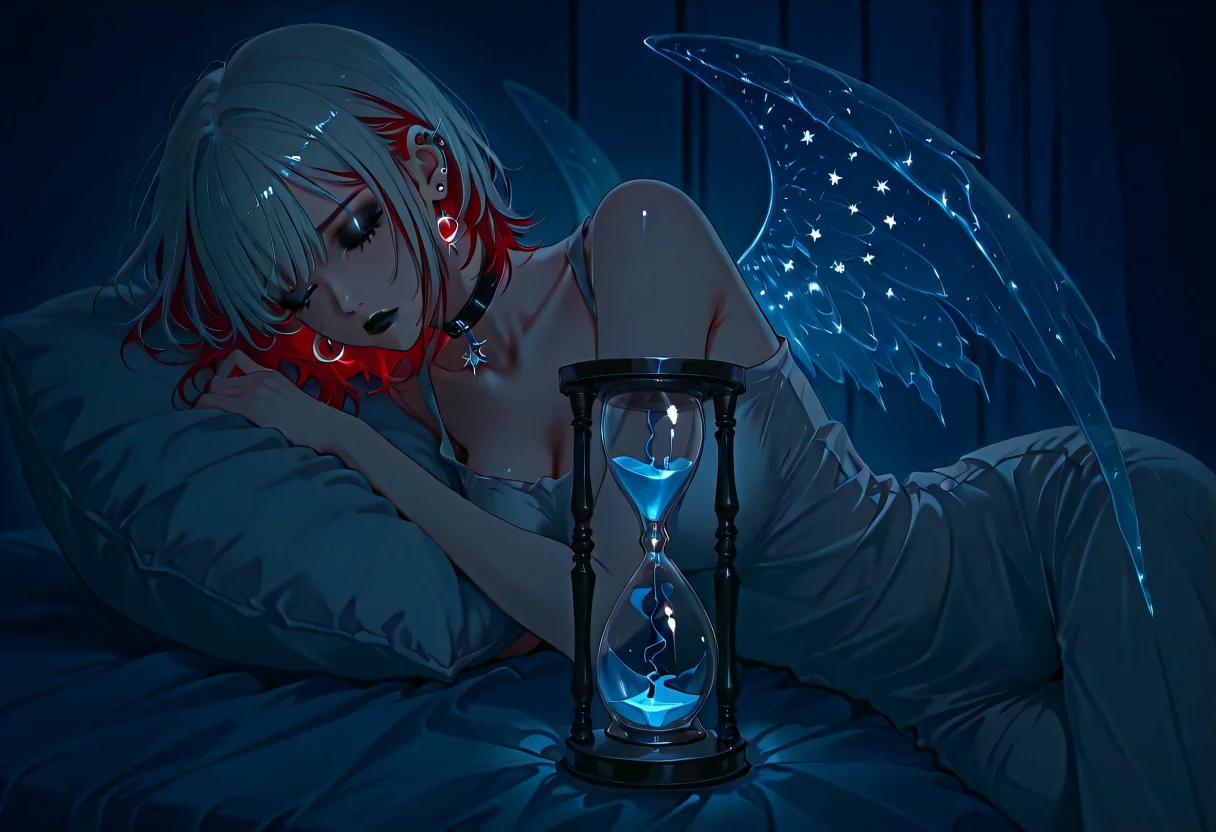 score_9,score_8_up,score_7_up, 1girl, solo, USA theme, side view, silhouette lighting, sad expression, (american flag, black lipstick, silver jewelry, silver piercings, black mascara, black eyeshadow), (hourglass), (<lora:Underdye_hairstyle__Peekaboo_Hairstyle:1> underdye_hairstyle, two-tone hair,  White outer hair, Blue and Red inner hair),choker, (pale soft skin), large breasts, covered crotch, (sleeping pose), (<lora:Fantasy_Wings_Luis_Royo_Style:0.5> magic wings,),savage mania hush cafe USA background,  <lora:Tonyman_Plus__Tonyman_Art_Style_Pony:1> t0nym4n
