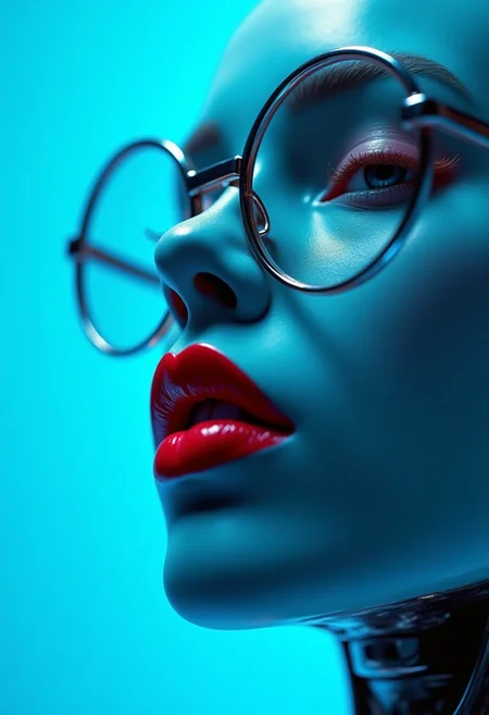 arob,robot,cyborg,metal,steel,cyberpunk,anime,mythp0rt, A close-up shot, portrait orientation, of an androgynous figure against a vibrant cerulean blue background. The lips are painted a hyper realistic, glossy red, contrasting sharply with the cool tones of the glass and skin. The lighting is ethereal and otherworldly, casting subtle shadows and highlighting the texture of the glass. The overall effect is both alluring and unsettling, prompting the viewer to question the nature of identity and the masks we wear.