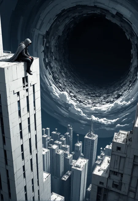 (night:1.2) ,masterpiece, illustration,fantasy, best quality,concept art, A white minimalistic soulless city that soars among the boundless emptiness of space. to the side, on the roof of a high-rise building, a dark silhouette in a gray cape and hood is sitting with his legs dangling. He watches as a huge ominous black hole engulfs a crumbling city. Strong gravity refracts light and causes debris to be sucked into the black hole. The scene is littered with the light of forgotten stars and serenity is read in the details. <lora:Paintbrush:0.8>, Painterly, painting , <lora:Blade Runner style v1:0.7>, Blade Runner style , <lora:epic_vista:0.5>