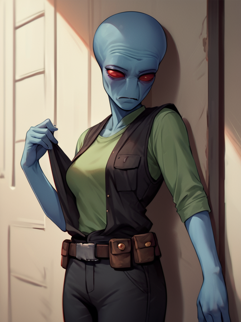 score_7_up, score_8_up, score_9, masterpiece, (1girl, solo,)perfect face, perfect hands, high quality, source_anime, cowboy shot, <lora:Duros_-_Star_Wars:1> duros, colored skin, alien, red eyes, blue skin, bald, hiding behind corner, black vest, green undershirt, black pants, utility belt, medium breasts,