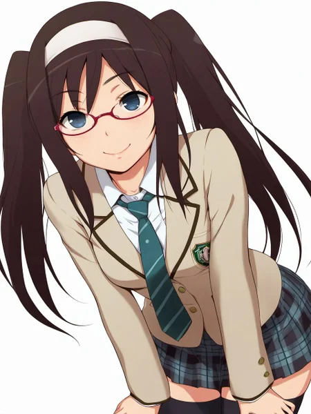 masterpiece, best quality, amazing quality, very aesthetic, high resolution,
ha1ru, 1girl, solo, glasses, thighhighs, necktie, skirt, brown hair, plaid, plaid skirt, hairband, school uniform, long hair, blue eyes, twintails, smile, black thighhighs, zettai ryouiki, simple background, white background,
<lora:hairu_style_v2_epoch_7:0.9>,