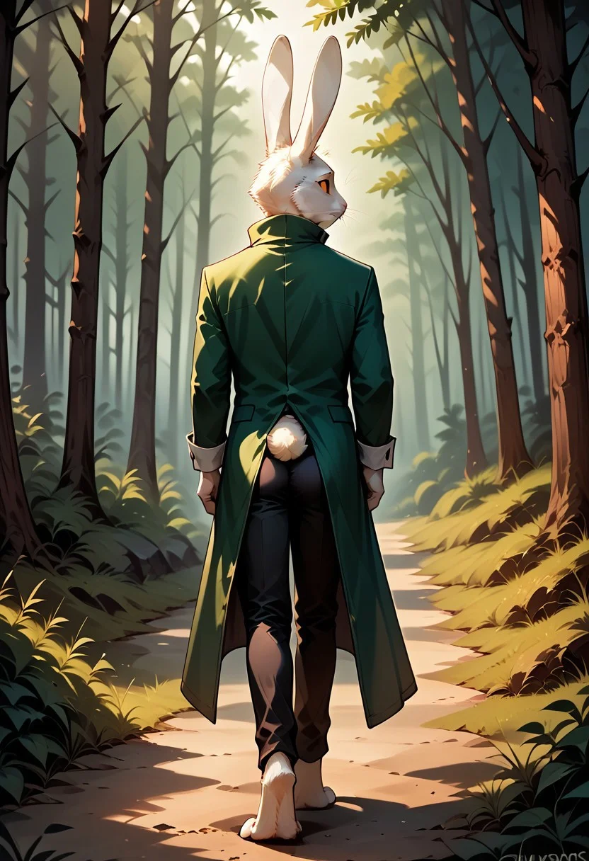 masterpiece, absurdres, very aesthetic, score_9, score_8_up, score_7_up, score_6_up,
rear view, from behind, no humans,
solo, furry male, Anthro Rabbit, Marquis_De_Hoto, blank eyes, red sclera, no pupils, mouthless, whiskers, (cheek tuft:1.2), rabbit ears, white ears, white fur, white body, rabbit tail, scut tail, (high collar, popped collar:1.2), long neck, yellow neck ribbon, slim, skinny, looking back,
(dark red tailcoat:1.1), ragged coat, torn coat, sleeve cuffs, green vest, black capris, black breeches, rolled up pants, barefoot, rabbit feet, perfect hands, full-length portrait, full body, walking, old-fashioned, (adjusting clothes:1.1), adjusting sleeve, confident,
detailed shading, absurdres, outdoors, forest, light shaft, dark, cast shadow, realistic fur, furry_diffusion