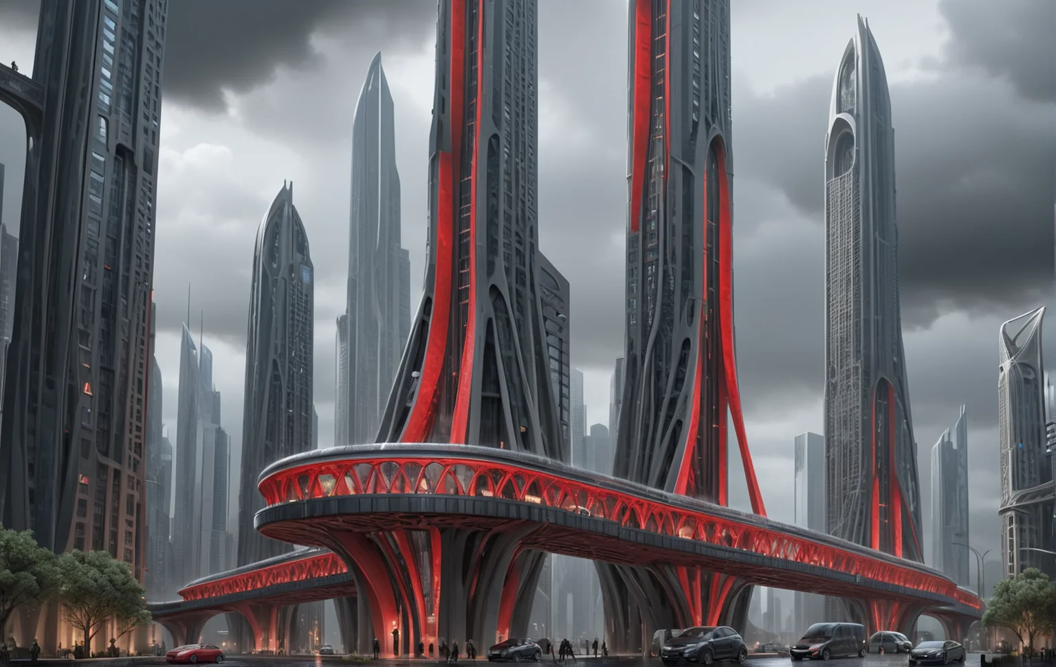 bridcity, create a futuristic city with an infinite number of bridges connecting an infinite number of skyscrapers, hde, bridges between buildings, bridge's buildings, street, sign, floor lamp, ground vehicles, car, crowded, city ââlandscape, very intricate buildings, neo gothic skyscraper, very high bridge, black and red tones, dark atmosperen, cloudy, rainy, 8k masterpiece, intricate details, deep of fields <lora:Bridges-city:1> <lora:Add_Details_v1.2:1.9> <lora:jianzhu:1> <lora:AARG_aerial:1> <lora:City_Worlds_01_Effects:1.4> <lora:EnvyElvishArchitectureXL01:1.9> <lora:lora-oop.000009.TA_trained (1):1.3> <lora:PAseerCloudV1:1> <lora:Sci-fi_env_flux:1.4>