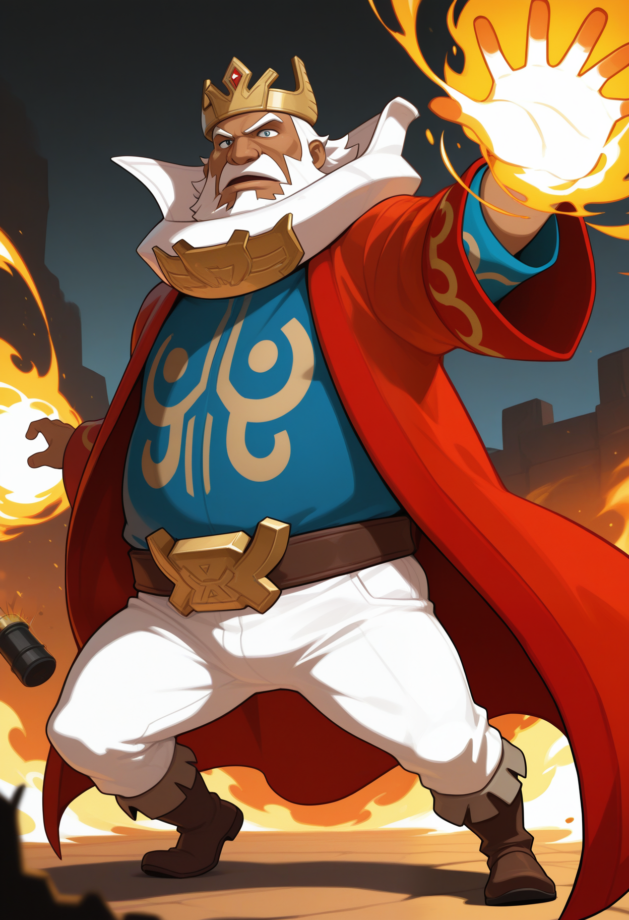 masterpiece,best quality,amazing quality, 1boy, solo, d4phn3s, human, belt, blue shirt, brown shoes, collar, crown, red robe, white pants, dark_skin, mustache, attack, magic, explosives, outside,