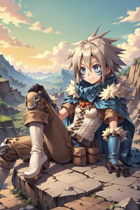 (score_9, score_8_up, score_7_up, score_6_up), source anime, BREAK, solo, <lora:Milanor:0.7> , , miladef, 1boy, grey hair, spiked hair, blue eyes, blue facial mark, fur trim, blue cloak, white corset, gloves, exterior, outdoors, canyon, mountains, cliffs, valleys, wasteland, sitting on rock, upper body, smile, closed mouth, <lora:zy_Detailed_Backgrounds_v1:0.5> , detailed background, highly detailed, <lora:backgroundsetXL:0.4> , background, <lora:fabula_ultima_character_art_style_v1:0.5> , fabula-ultima,