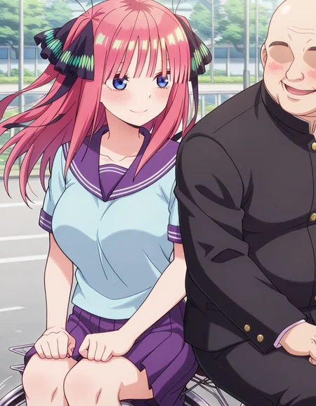 masterpiece, best quality, amazing quality,, <lora:nino-nakano-s1-ponyxl-lora-nochekaiser:1>, nino nakano, long hair, bangs, blue eyes, hair ornament, hair ribbon, pink hair, blunt bangs, two side up, butterfly hair ornament, large breasts, anime screencap, <lora:pillion-illustriousxl-lora-nochekaiser:1>, pillion, brown eyes, hetero, couple, ground vehicle, riding, bicycle, multiple riders, outdoors, motion, floating hair, motion lines, hands on thighs, school uniform, serafuku, gakuran, collarbone, blush, looking at another, smile, cowboy shot, knees,, <lora:faceless-ugly-man-illustriousxl-lora-nochekaiser:1>, faceless ugly man, faceless, ugly man, fat, faceless male, fat, bald, mature male,,