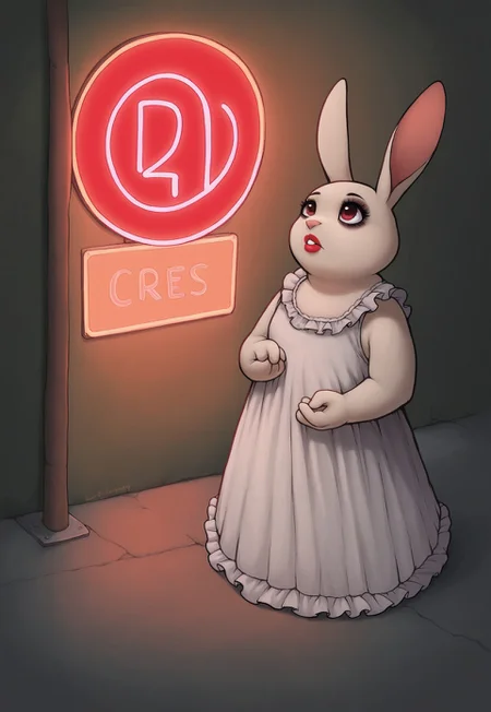 score_9, score_8_up, score_7_up, chueh, no humans, animal focus, woman, rabbit, solo, frilly dress, plump, looking up, pout, lipstick, makeup, detailed background, neon sign, street, night