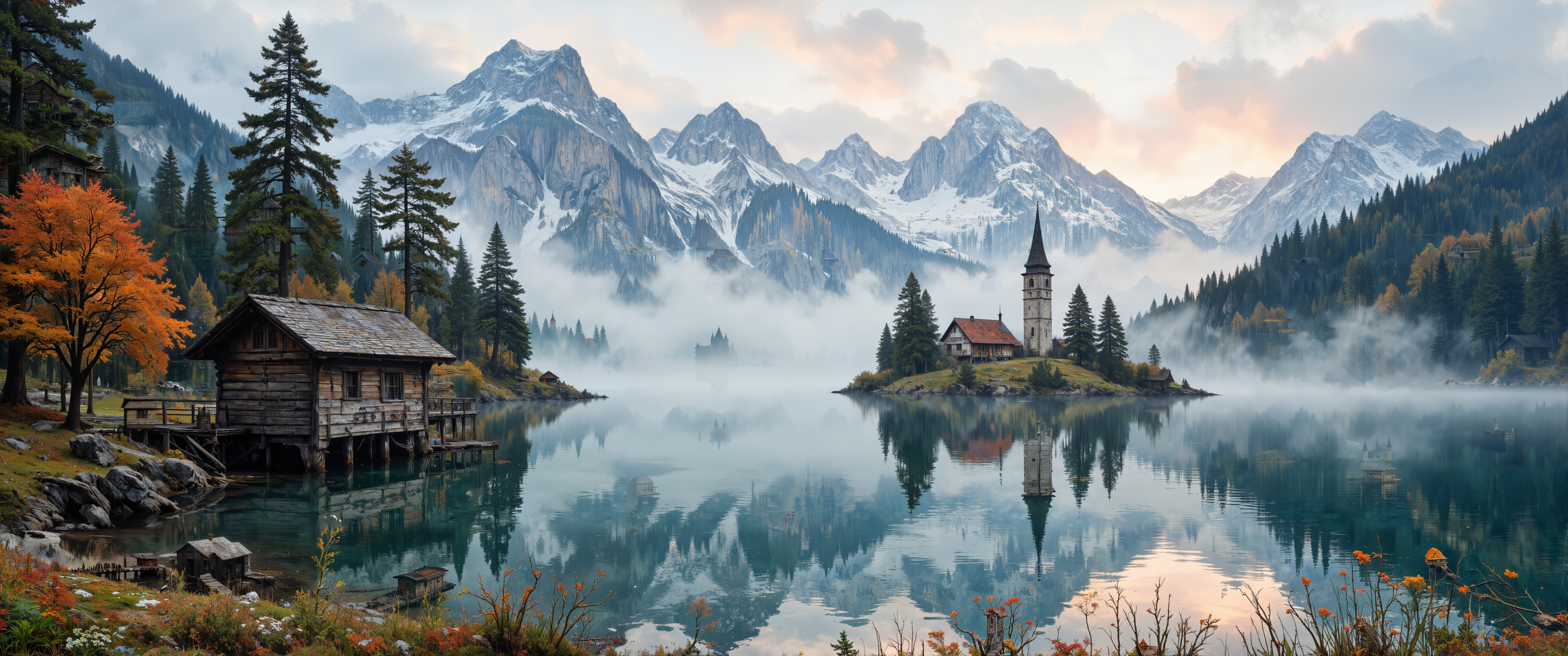 Moody and dramatic watercolor rendering of a misty Slovenian alpine lake at dawn, Bohinj Lake nestled beneath the towering Julian Alps. Crystal-clear emerald waters perfectly mirror snow-dusted limestone peaks. Ancient spruce and beech forests embrace the shoreline, their autumn foliage creating a tapestry of rusty oranges and golden yellows. A solitary wooden boathouse with traditional carved details sits on weathered wooden stilts, its reflection rippling across the still surface. Morning fog clings to the mountainsides, partially revealing medieval church spires in the distance. Alpine wildflowers dot the foreground meadows. The first rays of sunrise create a soft pink alpenglow on distant peaks. Atmospheric perspective adds depth, hyperrealistic details, masterful light management, 8K resolution. <lora:Bonafida.Studio:0.2> <lora:Anime v1.3:0.4> <lora:Memadukan_Brush_Strokes_of_Fineart:0.7> <lora:flux_dev:1>