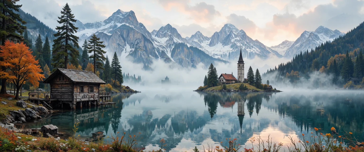 Moody and dramatic watercolor rendering of a misty Slovenian alpine lake at dawn, Bohinj Lake nestled beneath the towering Julian Alps. Crystal-clear emerald waters perfectly mirror snow-dusted limestone peaks. Ancient spruce and beech forests embrace the shoreline, their autumn foliage creating a tapestry of rusty oranges and golden yellows. A solitary wooden boathouse with traditional carved details sits on weathered wooden stilts, its reflection rippling across the still surface. Morning fog clings to the mountainsides, partially revealing medieval church spires in the distance. Alpine wildflowers dot the foreground meadows. The first rays of sunrise create a soft pink alpenglow on distant peaks. Atmospheric perspective adds depth, hyperrealistic details, masterful light management, 8K resolution. <lora:Bonafida.Studio:0.2> <lora:Anime v1.3:0.4> <lora:Memadukan_Brush_Strokes_of_Fineart:0.7> <lora:flux_dev:1>