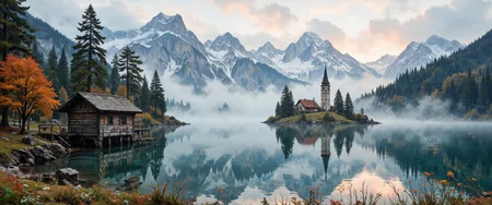Moody and dramatic watercolor rendering of a misty Slovenian alpine lake at dawn, Bohinj Lake nestled beneath the towering Julian Alps. Crystal-clear emerald waters perfectly mirror snow-dusted limestone peaks. Ancient spruce and beech forests embrace the shoreline, their autumn foliage creating a tapestry of rusty oranges and golden yellows. A solitary wooden boathouse with traditional carved details sits on weathered wooden stilts, its reflection rippling across the still surface. Morning fog clings to the mountainsides, partially revealing medieval church spires in the distance. Alpine wildflowers dot the foreground meadows. The first rays of sunrise create a soft pink alpenglow on distant peaks. Atmospheric perspective adds depth, hyperrealistic details, masterful light management, 8K resolution. <lora:Bonafida.Studio:0.2> <lora:Anime v1.3:0.4> <lora:Memadukan_Brush_Strokes_of_Fineart:0.7> <lora:flux_dev:1>