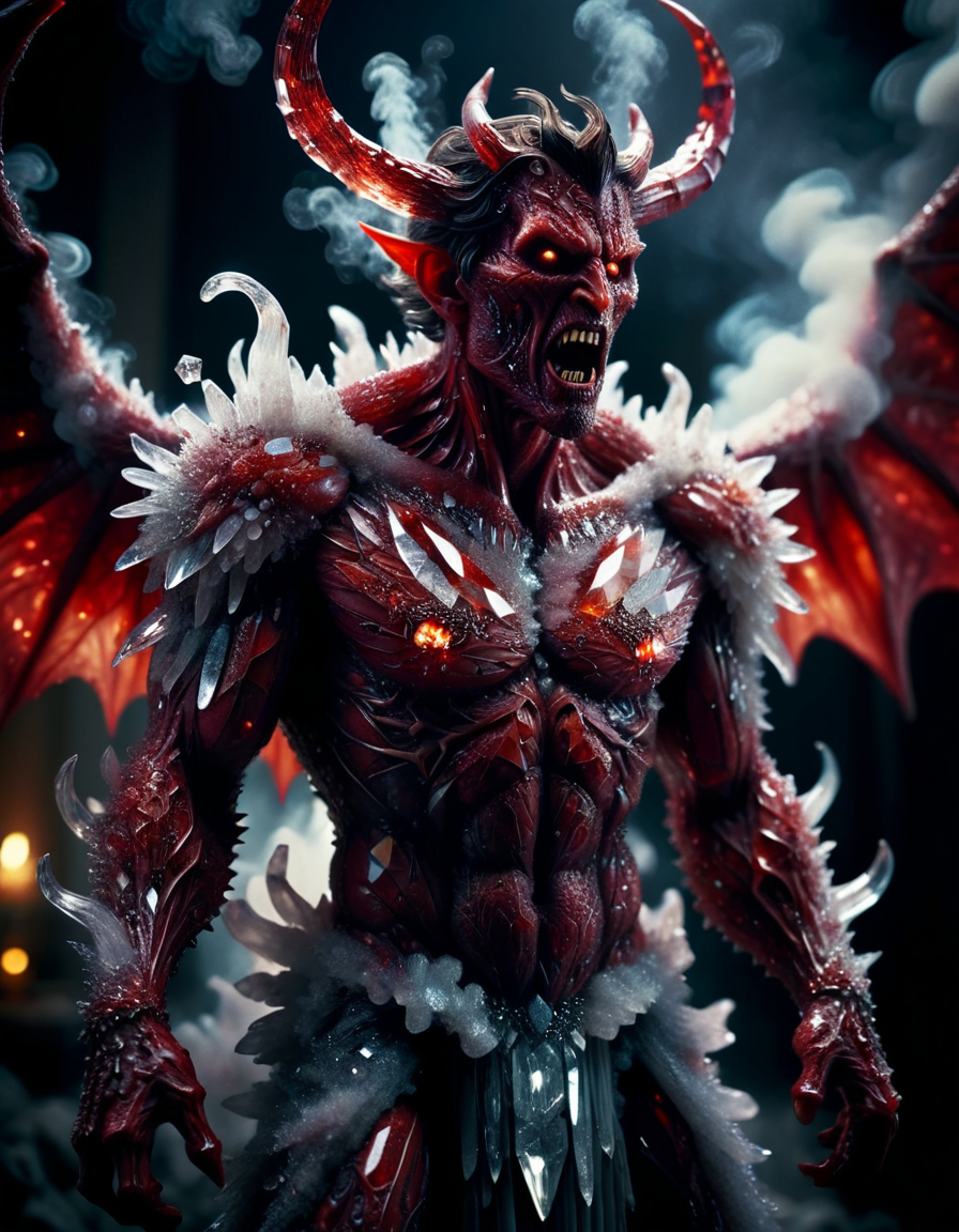 Horror-themed cinematic film still,a horrifying red-skinned male demon king, (full body portrait:1.3), (detailed monstrous evil face:1.4), screaming, wide spread bat like crystalz wings, (detailed scaly skin texture:1.2), long curved horns, (in hell, swirling tormented souls, billowing smoke:1.5), black spiky armor,, shallow depth of field, vignette, highly detailed, high budget, bokeh, cinemascope, moody, epic, gorgeous, film grain, grainy . Eerie, unsettling, dark, spooky, suspenseful, grim, highly detailed, crystalz <lora:crystalz-sdxl-v2:1.1>
