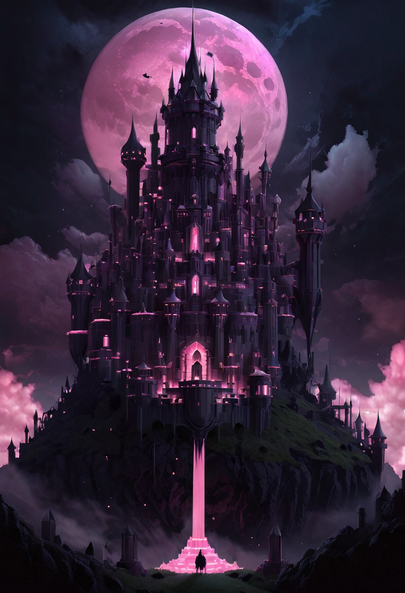 castle,
A traveler looking at a gigantic castle made of dozens of towers, medical, white, grass,matchcraft floating island , floating island, towers , sky , fly , cloud,castle, matchcraft floating island, dark, chiaroscuro, low-key, Dark Fantasy page, moon , pink moon , light pink