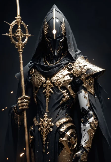 (score_9, score_8_up), score_7_up, 2boys, Highly detailed RAW color Photo, holding staff, holding, cowboy shot, glistening, glowing, long black hair, realistic robot jackal helmet, shoulder armor, gauntlets, pauldrons, mask, dark, hood, full armor, all black and gold armor, black cloak, occult, dark theme, black theme, gold, gold jewelry, dark, elegant, royal, headpiece, cables coming from head, robot, mechanical arm, sci fi, cyborg, robotic circuits, glowing fiber optic cables,
dark lighting, dof, depth of field, realistic, dark background, light partials, CINE, fire embers, low-key,