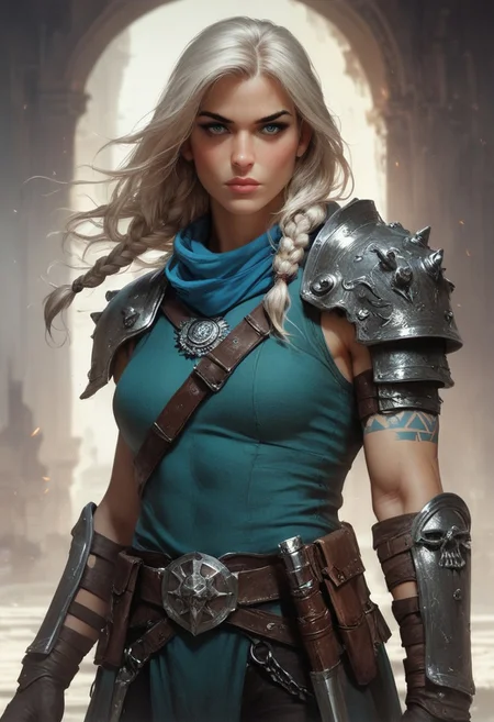 score_9, score_8_up, score_7_up, score_6_up, 1 woman, mercenary, rogue, fantasy, mature, gorgeous, extremely detailed, high quality, realistic, beautiful blue eyes, nordic outfit, slavic outfit, pagan outfit, black and silver cloak, thick blonde hair, long hair, braids, blue warpaint, blue tattoos, dark theme, low light, from hip up, ancient city background, (masterpiece, best quality, highly detailed, realistic), muted color, closed mouth