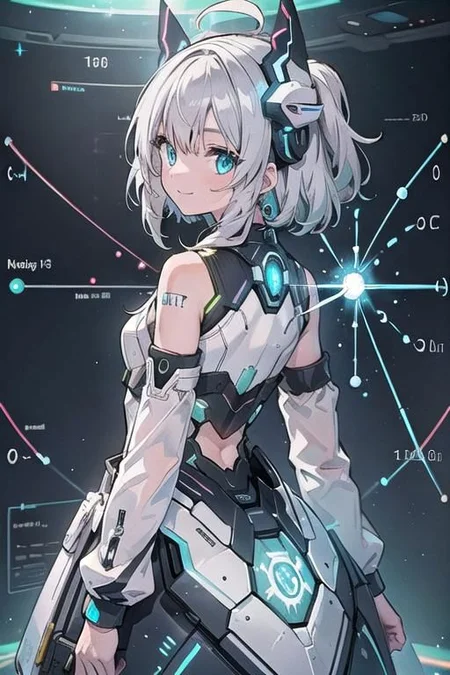 (masterpiece), (science fiction:1.4), 1girl, her back turned, smile, silver hair, aqua eyes, headgear, long sleeves, detached sleeves, glowing energy clothing, light particles
