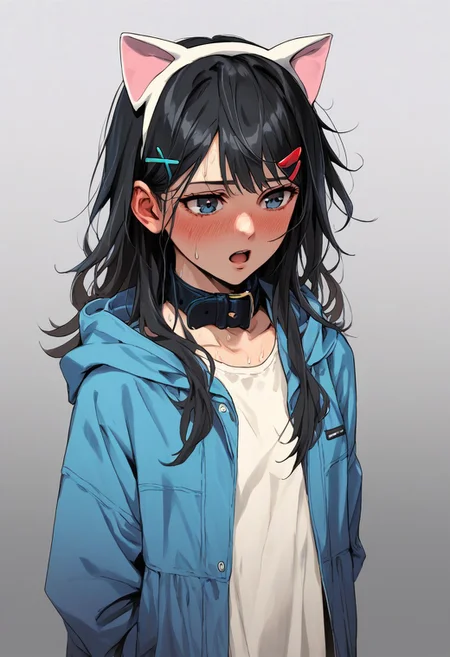 score_9, score_8_up, score_7_up, score_6_up, score_5_up, score_4_up, jacket, cowboy shot,gradient, sleeves past wrists, grey background, open jacket, arms behind back, , bangs,open clothes, fake animal ears, cat ears, solo, sweat, blue jacket, blush, long hair, sleeves past fingers, animal ears, 1girl, open mouth, collar, hair ornament, facing viewer, hood, gradient background, hairclip, black hair, standing, x hair ornament