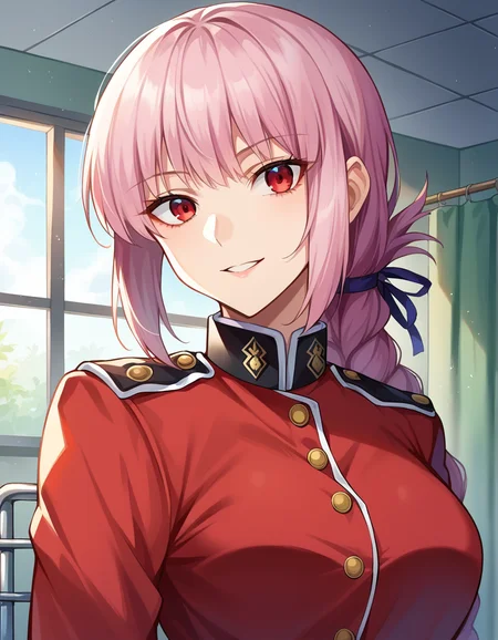 score_9, score_8_up, score_7_up, source_anime,
florencenightingale, <lora:florence-nightingale-ponyxl-lora-nochekaiser:1>,
florence nightingale, pink hair, long hair, red eyes, hair braid, sidelocks, folded ponytail, single braid, braid, braided ponytail,
military, military uniform, uniform, red uniform,
indoors, hospital, smile,
looking at viewer, dutch angle,