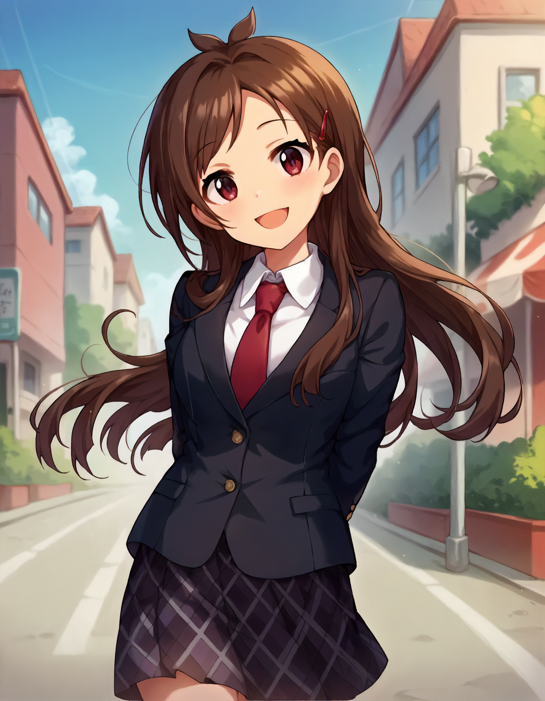 score_9,score_8_up,score_7_up,1girl,solo,cowboy shot,looking at viewer,smile,open mouth,arms behind back,outdoors,
<lora:tsujinoakari_ponyXLV6:0.8>,cgtja,
brown hair,antenna hair,long hair,red eyes,
hairclip,black blazer,collared shirt,necktie,plaid skirt