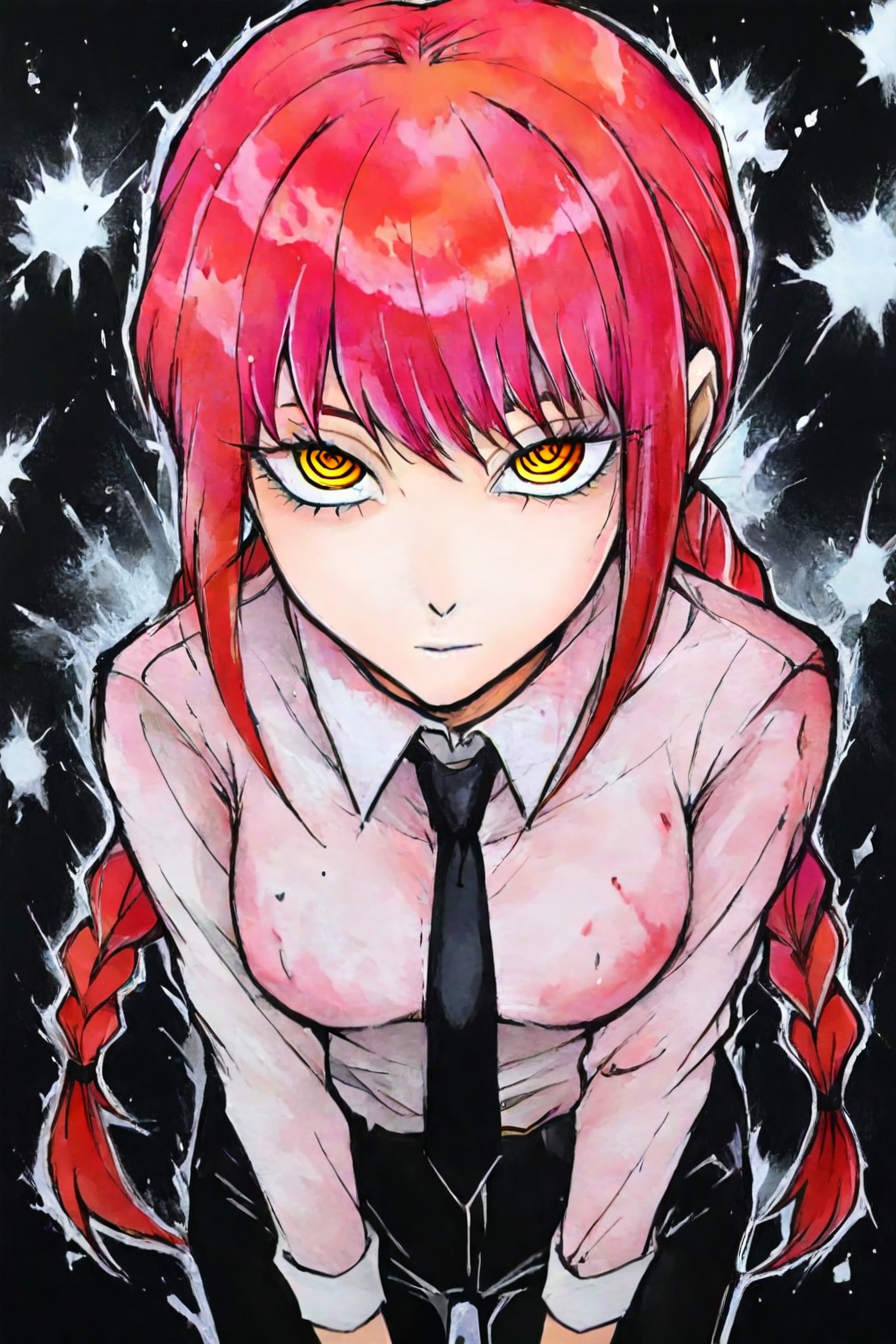 <lora:mak1ma0XL_Pony_v1:0.6> , mak1ma0, (makima:0.5), red hair, long hair, ringed eyes, braid, white collared shirt,black necktie, black pants, 1girl, solo, alone,   <lora:acrylic_painting_style_illustriousXL:1> , acrylic_paint_style,  paint splatter, masterpiece, highres