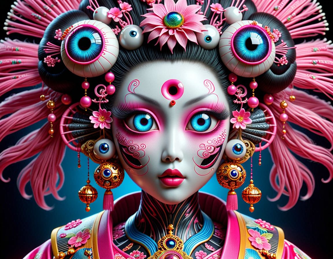hyperrealistic art professional 3d model breathtaking raw,hyperdetailed,realistic,helios, 1creepy geisha alien, solo, jewelry, gem, glowing, flower, orb, multiple big eyes pink massive dreadlock hair, blue eyes, hair ornament, psy  <lora:helios2:1> . award-winning, professional, highly detailed . octane render, highly detailed, volumetric, dramatic lighting . extremely high-resolution details, photographic, realism pushed to extreme, fine texture, incredibly lifelike