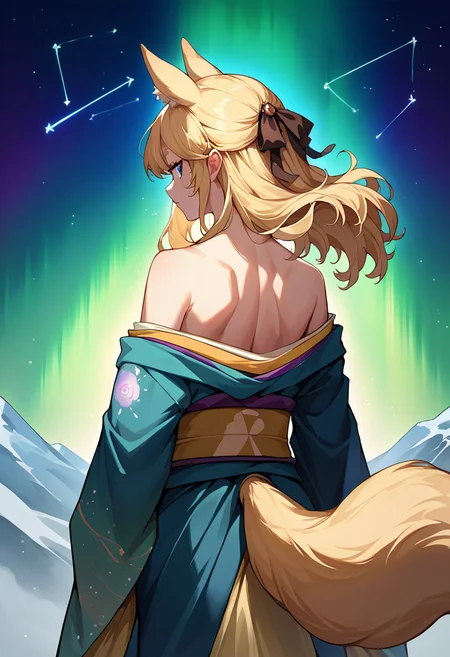 score_9, score_8_up, source_anime, 1girl, solo, WhislashAK, blue eyes, blonde hair, animal ears, tail, thick eyebrows, long hair, hair ribbon, aurora, back, bare back, bare shoulders, constellation, from behind, kimono, light particles, long sleeves, off shoulder, <lora:ChamWhislashPonyXL:1>