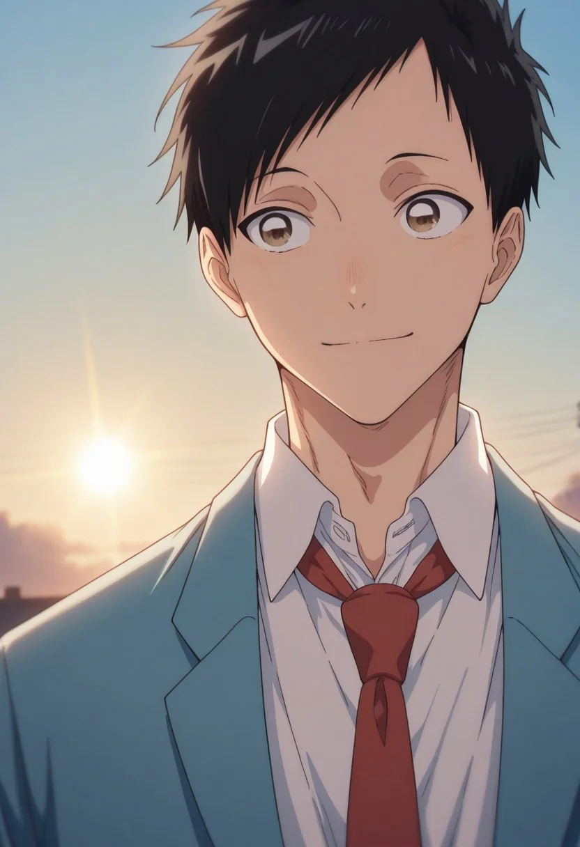 masterpiece,best quality,amazing quality,
taikinomata, 1boy, male focus, solo, brown eyes, black hair, short hair, school uniform, shirt, white shirt, collared shirt, necktie, red necktie, jacket, blazer, blue jacket, portrait, smile, outdoor, sun, sky,
